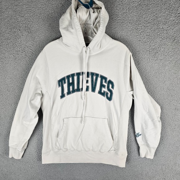 100 Thieves Hoodie Mens M Ivory Patch Logo Kangaroo Pocket Drawstring Pullover - Picture 1 of 10
